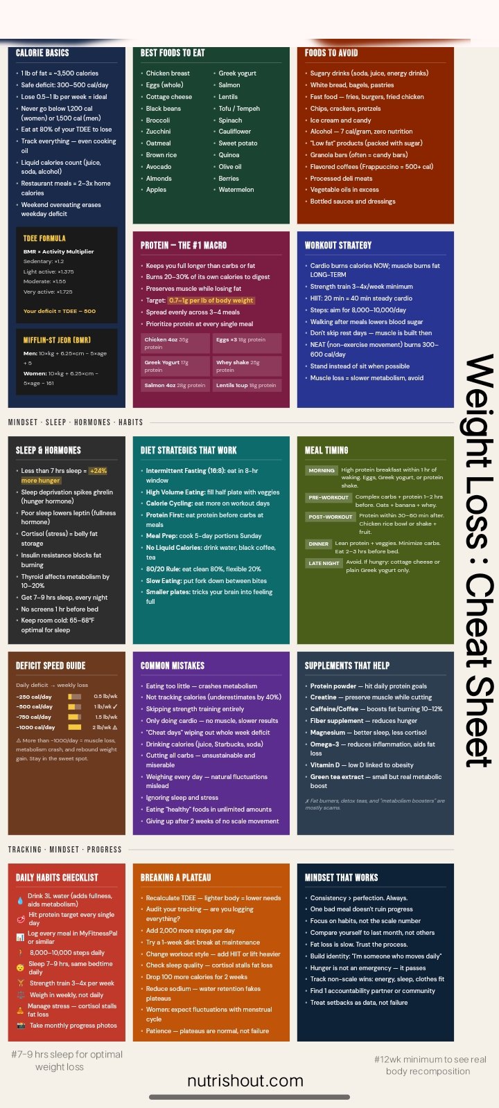 Weight loss cheat sheet infographic covering calorie basics, best foods, foods to avoid, protein macros, workout strategy, sleep, meal timing, and mindset
