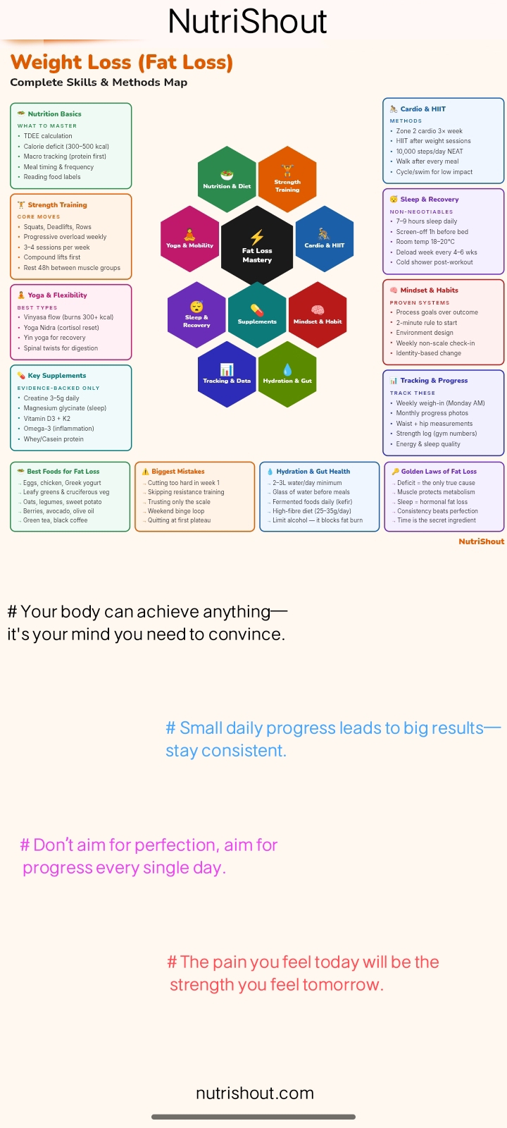 Fat loss skills map covering nutrition, strength training, cardio, supplements, sleep, mindset and tracking