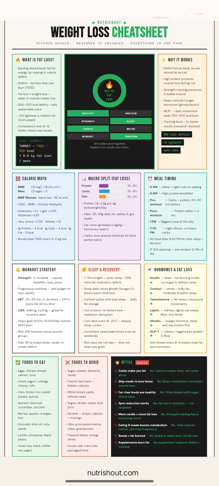 Weight loss cheatsheet — science-backed fat loss guide covering calories, macros, hormones and meal timing