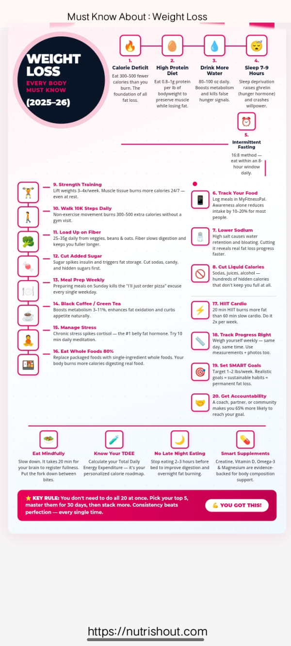 Weight loss infographic listing 20 science-backed tips including calorie deficit, high protein diet, strength training, sleep, intermittent fasting, and stress management
