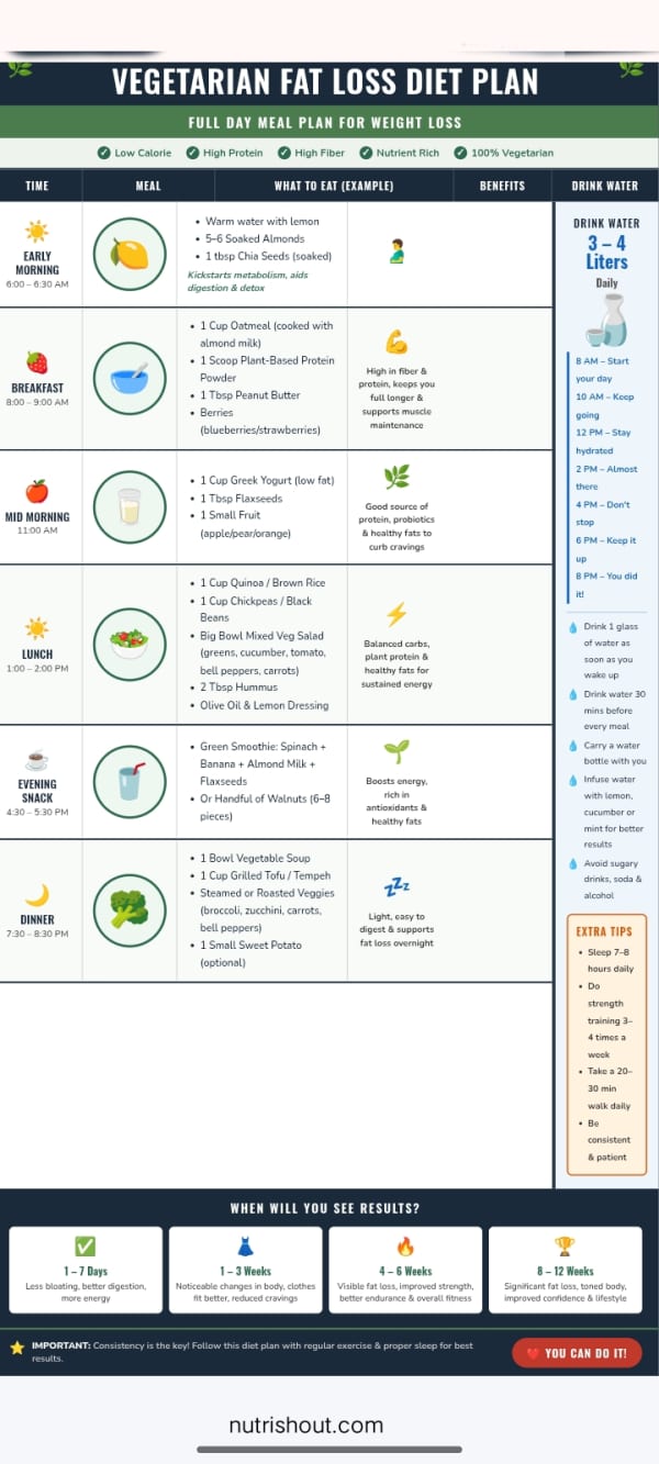 Vegetarian fat loss meal plan table with time-based meals from early morning to dinner, water intake guide, and expected results from 1 week to 12 weeks