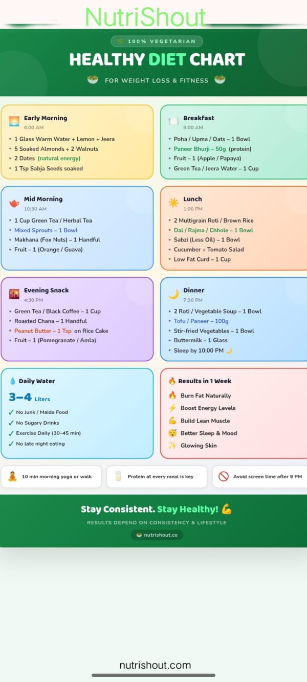 Indian vegetarian diet chart for weight loss with meals like poha, dal, rajma, roti, paneer, and sabzi from early morning to dinner with daily water intake tips