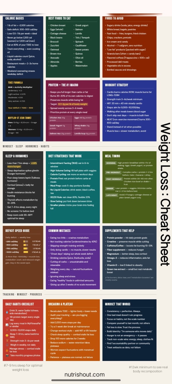 Weight loss cheat sheet infographic covering calorie basics, best foods, foods to avoid, protein macros, workout strategy, sleep, meal timing, and mindset