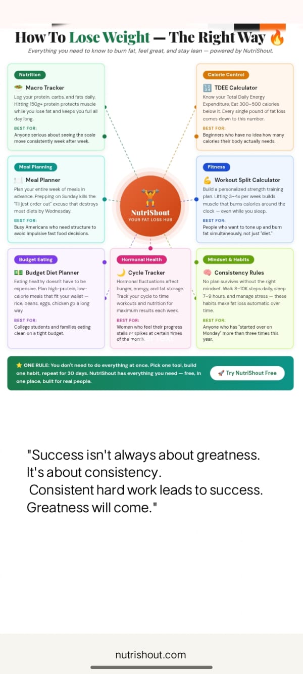 An infographic showing 6 NutriShout tools for fat loss — macro tracker, TDEE calculator, meal planner, workout split, budget diet planner, and cycle tracker