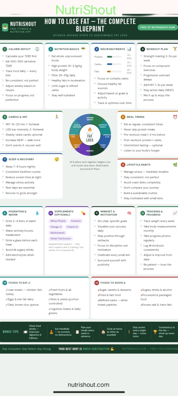 fat loss blueprint infographic with calorie deficit, macros, workout and lifestyle tips