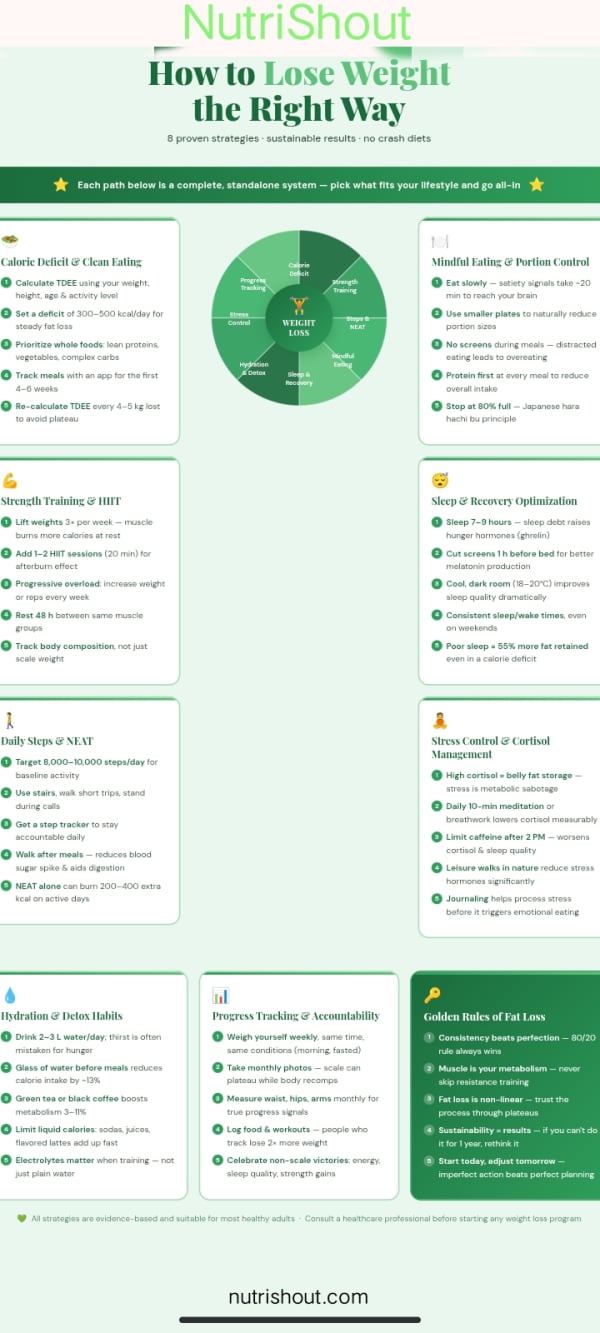 weight loss strategies infographic with TDEE, strength training, sleep and stress tips