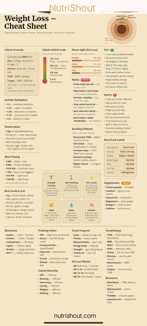 weight loss cheat sheet with calorie formula, macro split, hormones and food guide