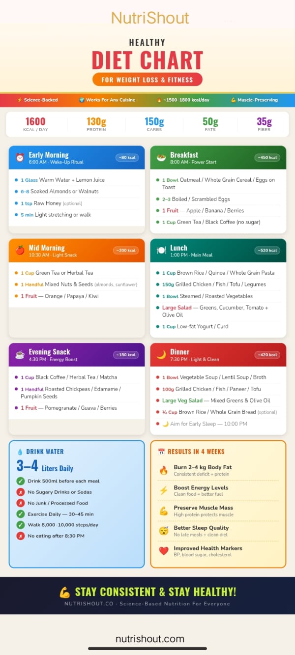healthy diet chart for weight loss with 1600 kcal meal plan and macros breakdown