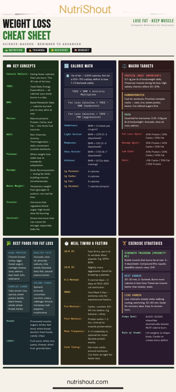 weight loss cheat sheet with calorie math, macro targets, fasting and exercise guide