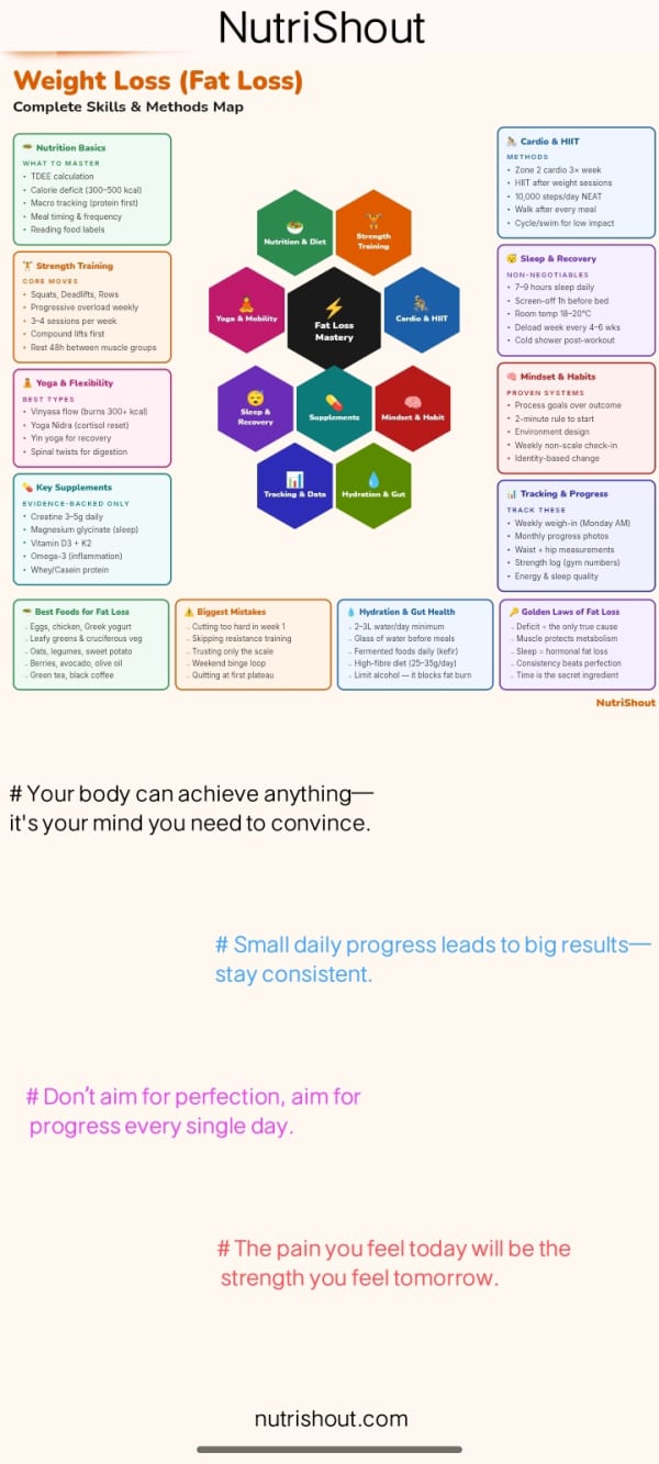 Fat loss skills map covering nutrition, strength training, cardio, supplements, sleep, mindset and tracking
