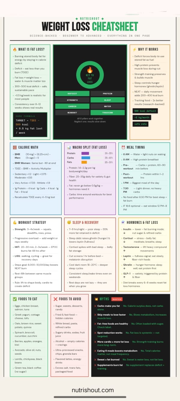 Weight loss cheatsheet — science-backed fat loss guide covering calories, macros, hormones and meal timing