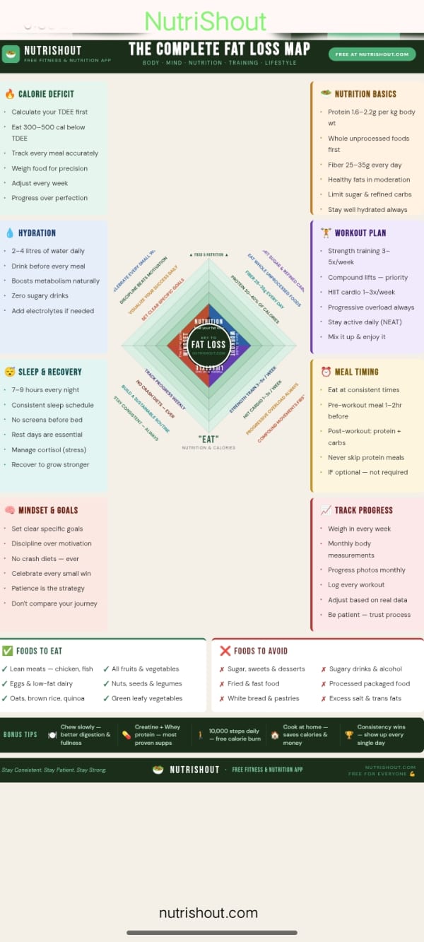 Complete fat loss map covering calorie deficit, nutrition, workout plan, sleep, meal timing and mindset