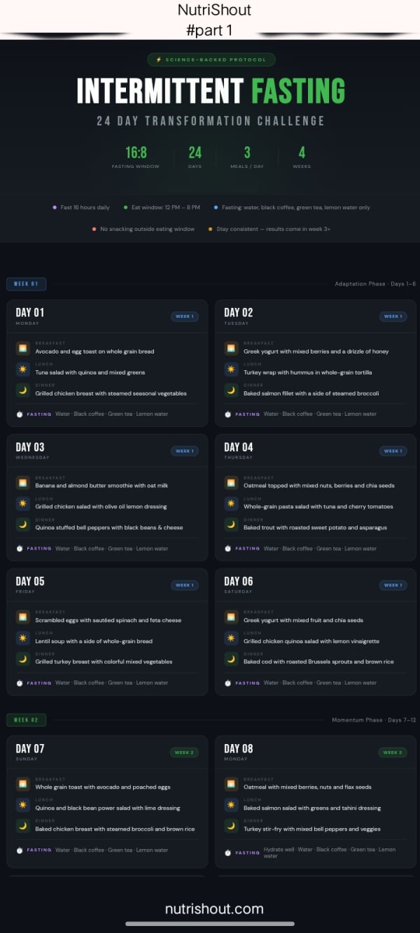 16:8 fasting meal plan chart for days 1 to 8 with breakfast, lunch, and dinner options for week 1 and week 2