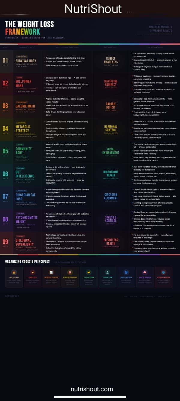 Table showing 9 weight loss stages with identity focus area action steps and fat loss focus for each stage from survival body to biological sovereignty