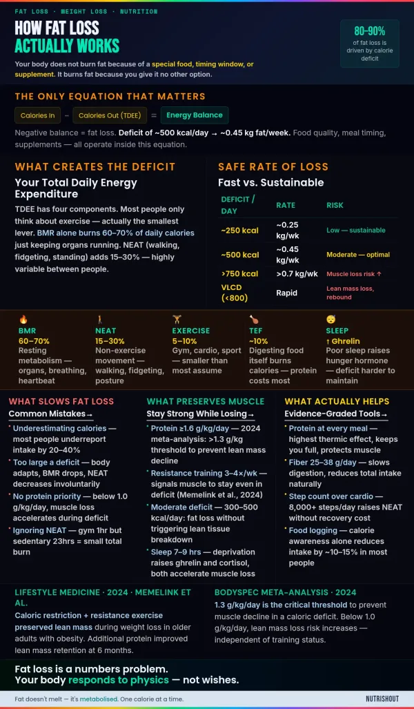 Infographic explaining fat loss science, calorie deficit equations, TDEE components like BMR and NEAT, and muscle preservation tips through protein.