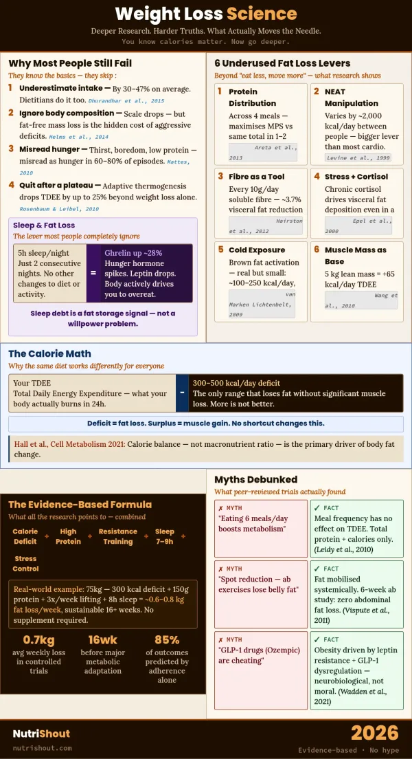 Evidence-based weight loss infographic about calorie deficit, metabolism, sleep, and fat loss strategies.