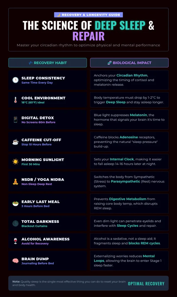 Explaining 10 essential sleep recovery habits like digital detox, cooling body temperature, and melatonin optimization with scientific facts.
