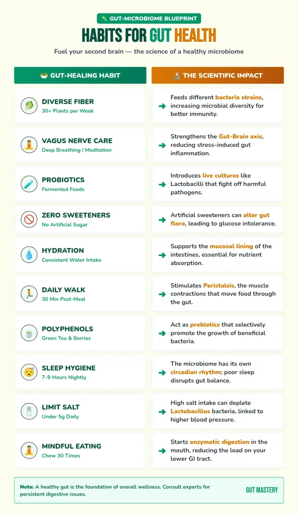 A professional blueprint-style infographic showing 10 gut health habits like diverse fiber intake, probiotics, and vagus nerve stimulation with detailed scientific explanations for better digestion.