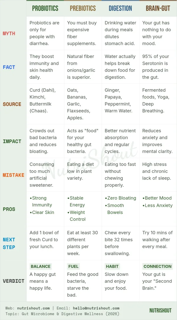 Professional Gut health table by NutriShout covering Probiotics, Prebiotics, Digestion tips, and Brain-Gut connection with 8 key points.