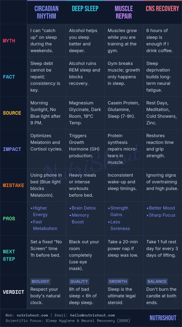 Professional Sleep and Recovery guide by NutriShout covering Circadian Rhythm, Deep Sleep, Muscle Repair, and CNS Recovery.