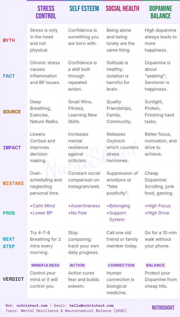 Professional Mental Health chart by NutriShout covering Stress Control, Self Esteem, Social Health, and Dopamine Balance with 8 points.