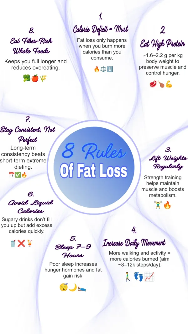 A clean educational graphic showing lifestyle changes for fat loss, highlighting increasing daily movement to 8k-12k steps, getting 7 to 9 hours of sleep, and focusing on long-term consistency over extreme dieting.