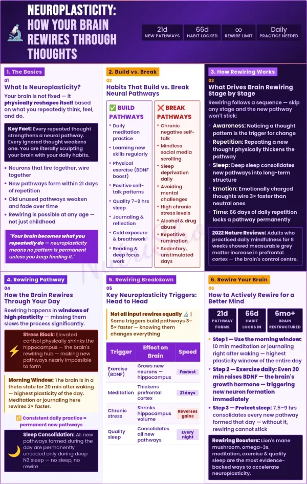 Infographic explaining neuroplasticity, brain rewiring, habits, meditation, sleep, stress, and how neural pathways form and strengthen over time