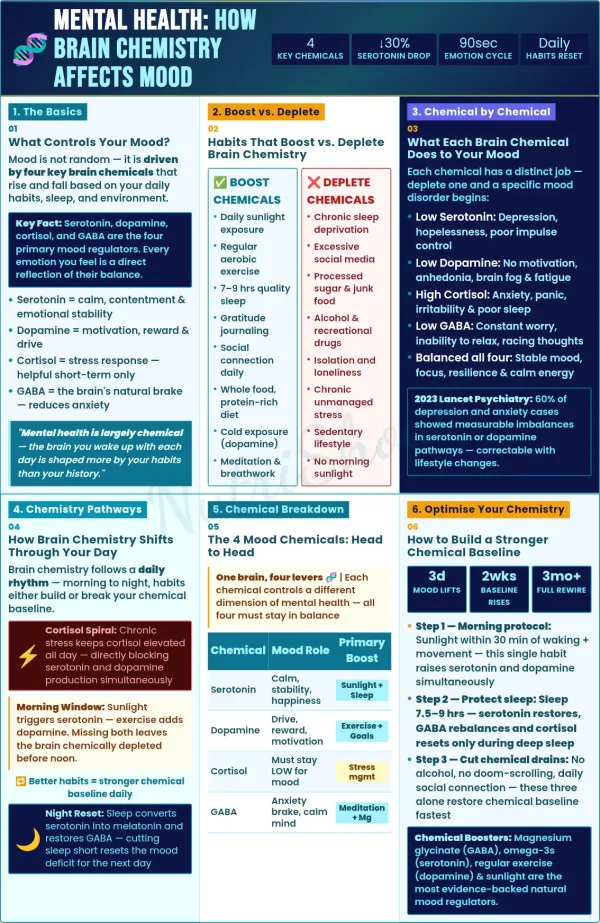 Infographic explaining how brain chemicals serotonin, dopamine, cortisol and GABA affect mood, mental health and daily habits