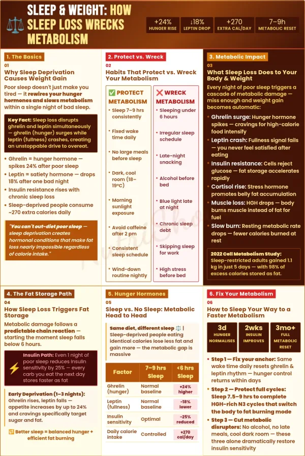 Infographic explaining how sleep deprivation affects metabolism, hunger hormones, weight gain, and fat storage
