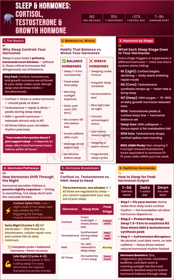 Infographic explaining how sleep affects cortisol, testosterone, and growth hormone levels. Shows sleep stages, hormone peaks, balance habits vs wrecking habits, and optimization tips for better hormonal health.