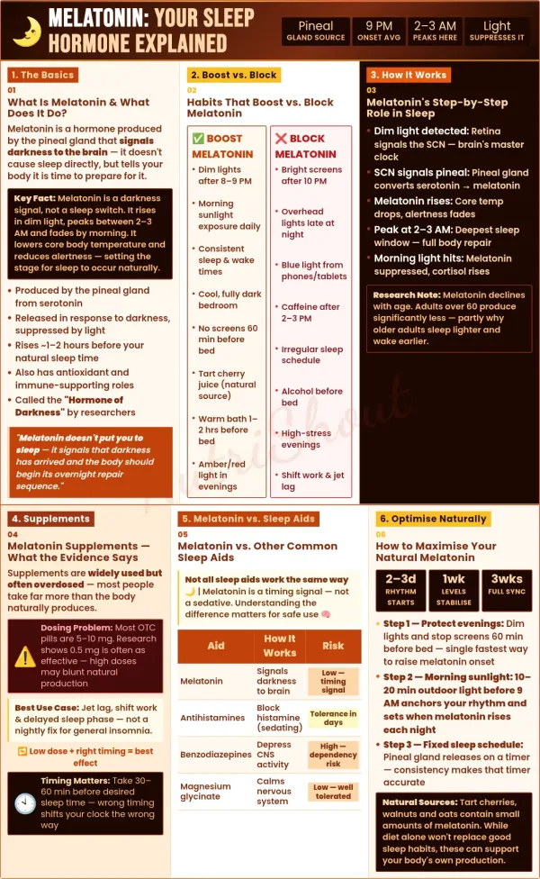 Melatonin hormone function, sleep cycle timing, effects of light on sleep and natural ways to improve melatonin