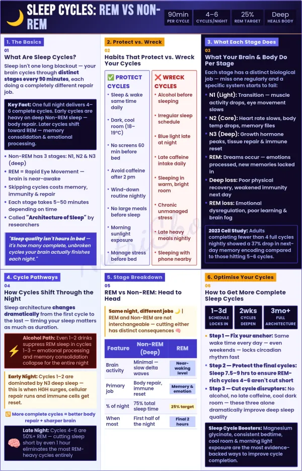 Sleep cycles stages REM and non REM, deep sleep, brain activity, recovery and memory processing