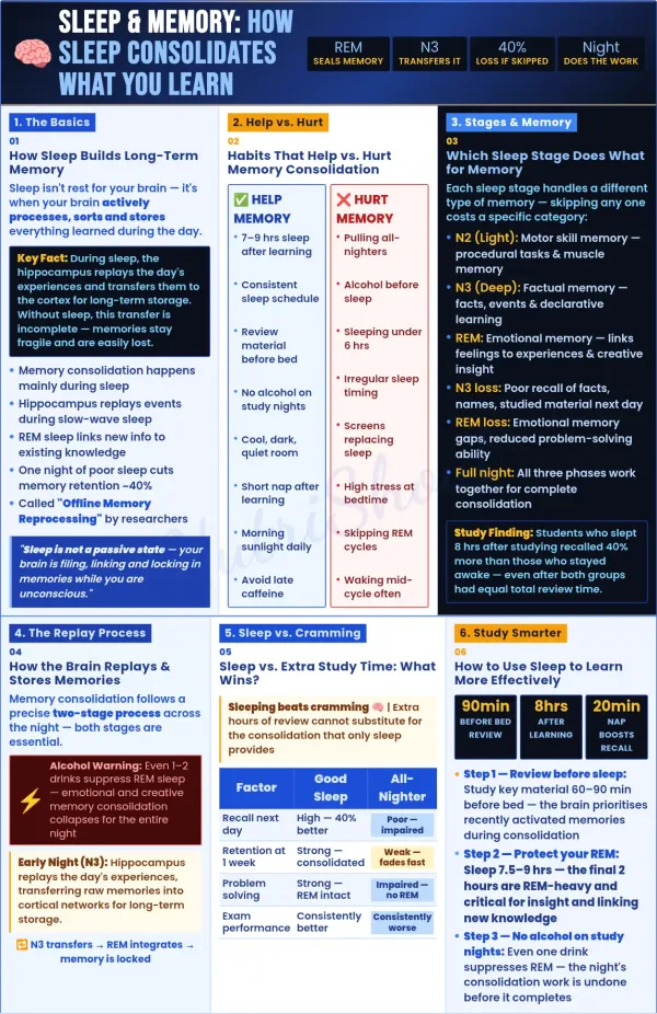 Educational chart illustrating the two-stage memory replay process in the brain during a full night of sleep.