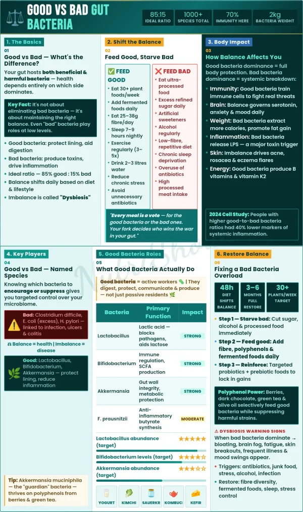 Difference between good and bad gut bacteria and how diet and lifestyle affect microbiome balance