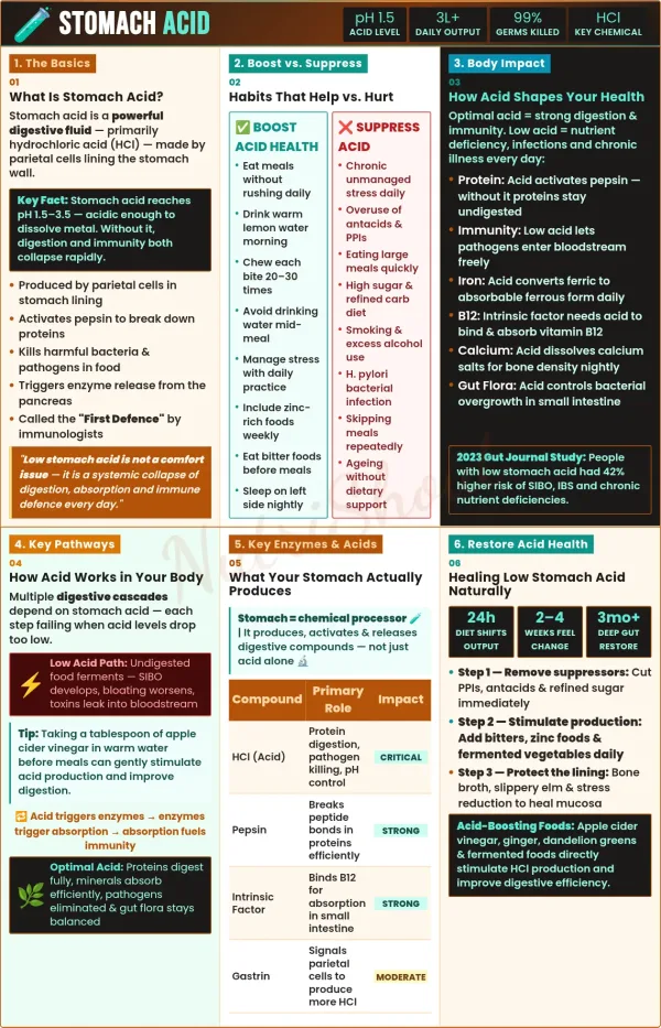 Importance of stomach acid in digestion, killing pathogens, and absorbing nutrients like protein and vitamins